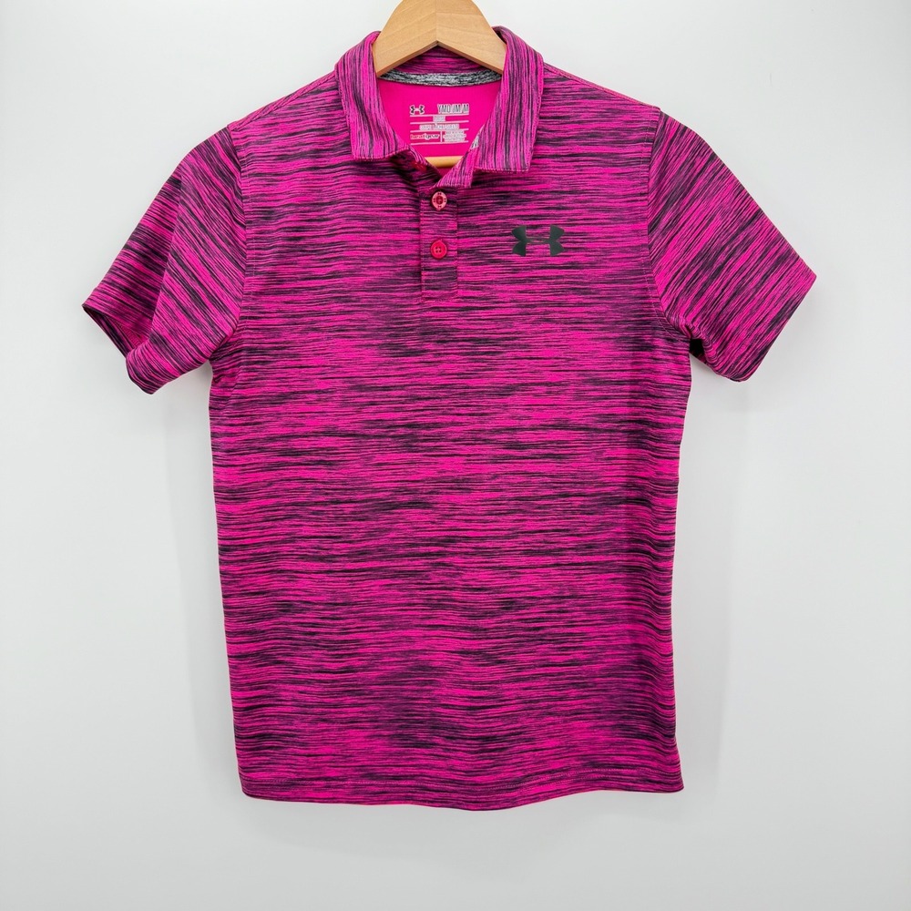 Under Armour Polo Youth Medium Pink Black Space Dye HeatGear Athletic Shirt YMD